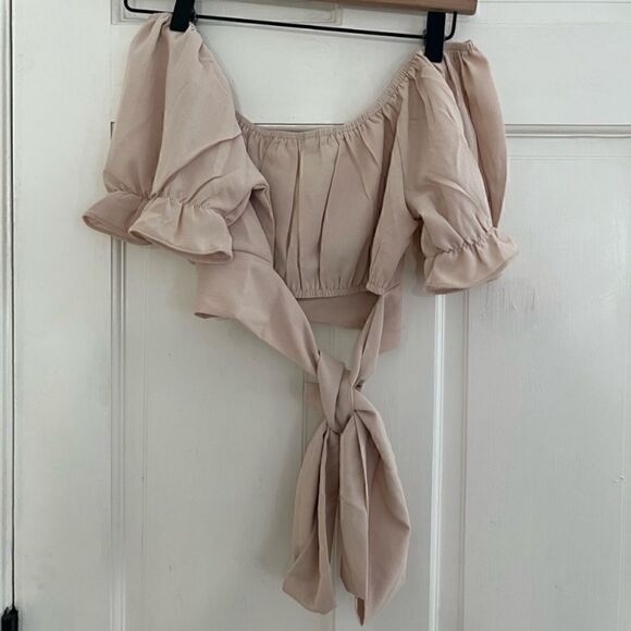 Boho Off the Shoulder Puff Sleeve beige Crop Top‎ - Picture 5 of 5